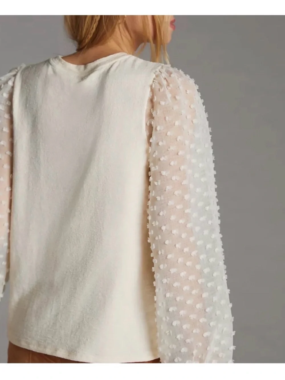 MAEVE x ANTHROPOLOGIE Ivory Textured Swiss Dot Puff-Sleeve Women's Top SMALL